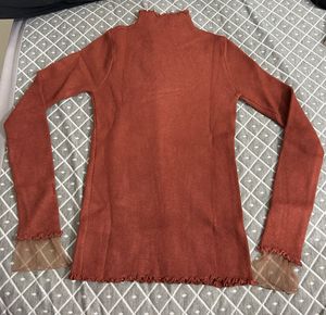 Rust-Colored Ribbed Mock Neck Top