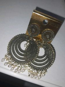 Golden &amp; Black Earrings With Tiny Pearl