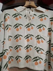 Orange Print Knit Polo Sweater