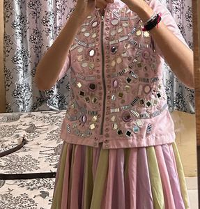 pink mirror work lehenga choli