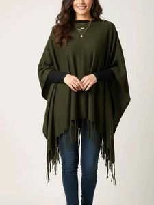 Olive Green Fringe Poncho