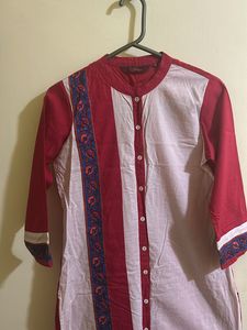 Red & White Printed Tunic In Size M