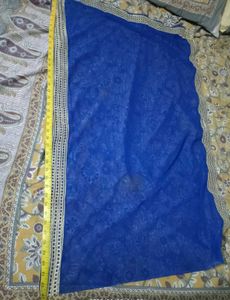 Blue Net Dupatta with Gold Trim