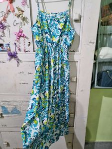 Sky Blue And Green Floral Print Dress