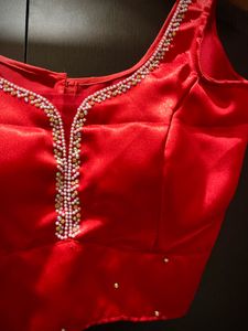 Red Satin Blouse with Intricate Beading