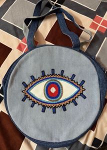 Round Denim Embellished Evil Eye Bag