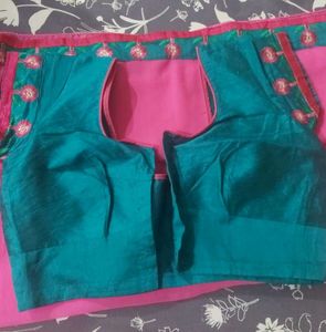 Magenta Saree &amp; Blouse with Blue Floral Border