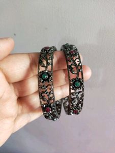 Oxidised silver stone studded Bangle Set