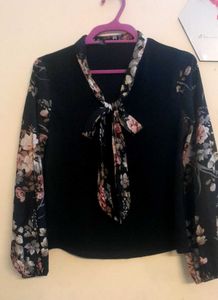 Floral Sleeve Tie Neck Top
