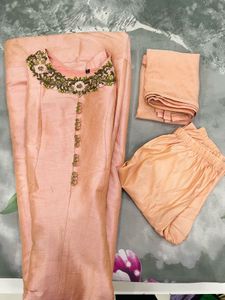 Peach Silk Gown Set with Embroidered Neckline