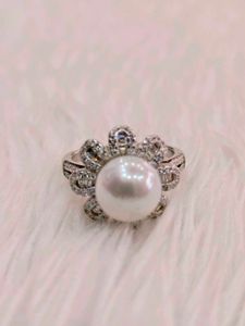 Pearl &amp; Diamond Ring 925 Sterling Silver