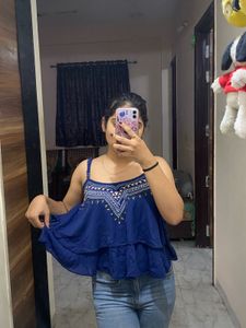 blue embroidered half sleeves flared top