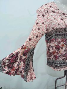 Floral Print Lace-Up Bell Sleeve Top