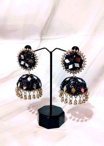 Black Jhumka With Mirror And Bead Work