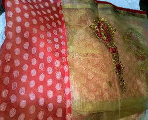 RED 🍒 AND BEIGH NET SAREE