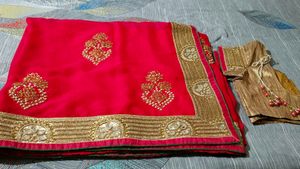 Tomato Pink Saree With Blouse