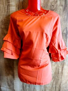 Coral Ruffle Sleeve Blouse