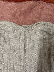 Beige Knit Sweater with Pearl Details