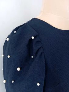Navy Puff Sleeve Top with Pearl Detail