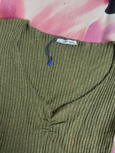 Zara Basic Striped Olive Green Fitted Top