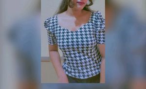 Dream Beauty Fashion Puff Sleeve Polyester Blend Sweetheart Neck Houndstooth Print Form Fitted Black Tee