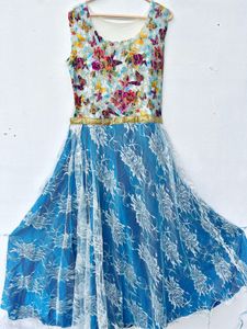 Butterfly Printed Blue Party Gown