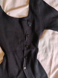 Black Ribbed Assymetrical Button-Front Top