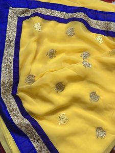 Elegant Yellow &amp; Blue Sari With Zari Thread Work