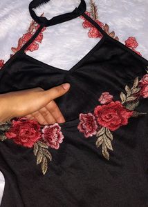 Floral Embroidered Top &amp; Denim Skirt Set