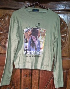 Olive Green Ribbed Graphic Full-Sleeve T-Shirt