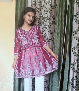 Maroon Chikankari Tunic Top