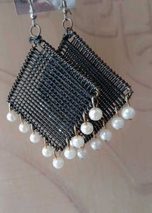 Diamond Mesh Earrings with Pearl Accents