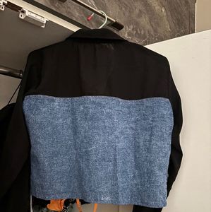 Black &amp; blue denim cropped shirt