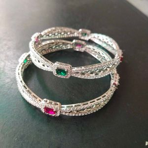 Pure Sterling Silver Pink&amp;Green CZ Bangles 1 Pair.
