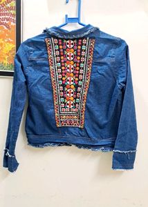 Blue Embroidered Denim Jacket With Two Front Pocket