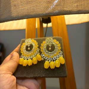 Yellow Beaded Chandbali Earrings