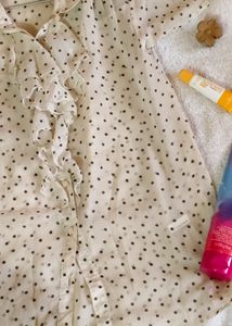 Cute Frilled Polka Print Off White Mesh Shirt