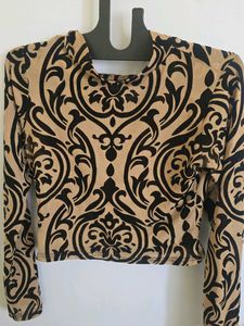 Baroque Print Long Sleeve Crop Top