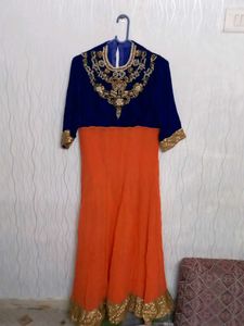 Elegant Blue & Orange Ethnic Gown