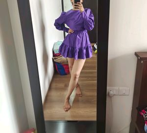 New Short Flared Puff Sleeved Purple Dress