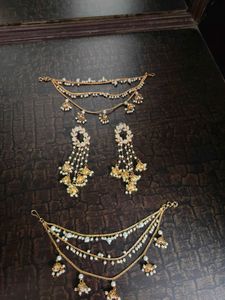 Gold &amp; Pearl Earrings And Ear Chain Set