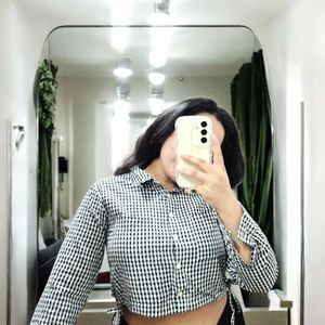 Black & White Check Cropped Shirt with Side Tie