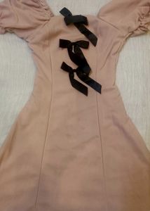 Peach Hoodie Dress with Black Satin Bow Accents