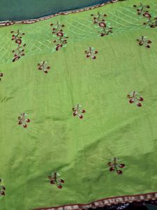 BrandNew Embroidary LimeGreen ChanderiCotton Saree