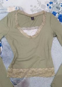 Olive Green Lace Trim Top