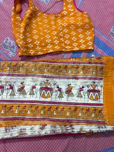 Elegant White &amp; Orange Sari with blouse and falls