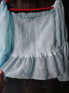 SHACADES Casual Puff Sleeves Design Women Blue Top