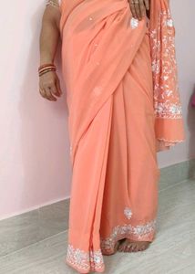 Peach Embroidered Fancy Saree With Stitched Blouse