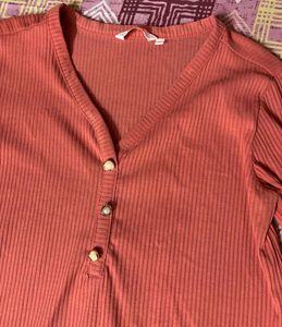 Coral Ribbed Knit Button-Up Top