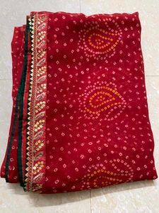 Red Bandhani Saree with Embellished Border